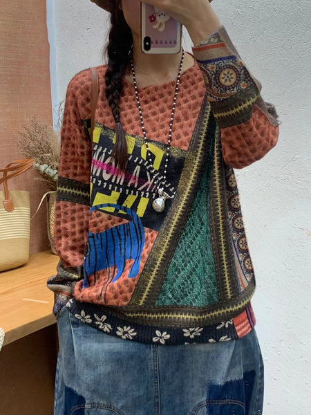 Women Autumn Print O-Neck Knit Sweater AT1083 BUYKUD