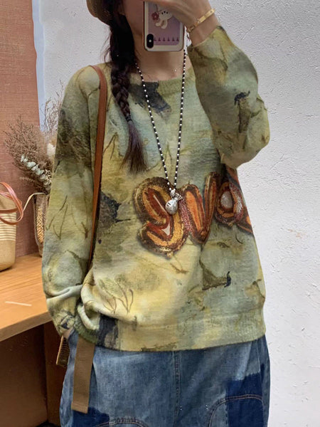 Women Autumn Print O-Neck Knit Sweater AT1083 BUYKUD