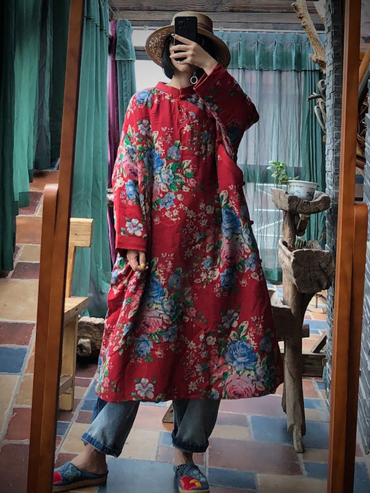 Women Ethnic Red Flower Slant Closure Cotton Padded Coat AI1014 JSHY