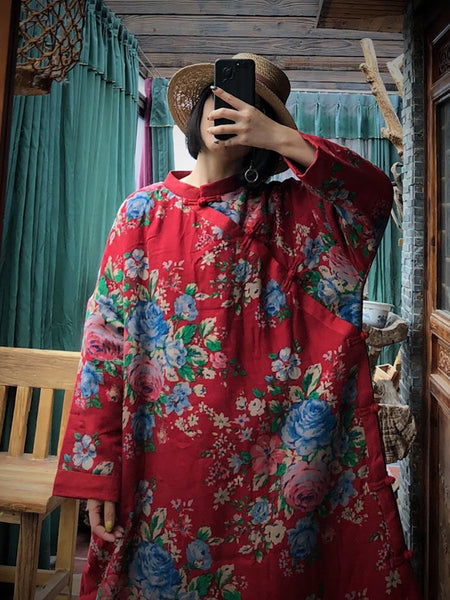 Women Ethnic Red Flower Slant Closure Cotton Padded Coat AI1014 JSHY