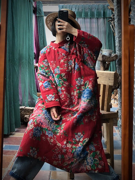 Women Ethnic Red Flower Slant Closure Cotton Padded Coat AI1014 JSHY
