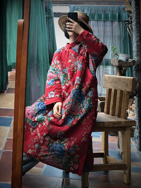 Women Ethnic Red Flower Slant Closure Cotton Padded Coat AI1014 JSHY