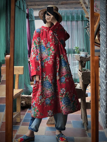 Women Ethnic Red Flower Slant Closure Cotton Padded Coat AI1014 JSHY