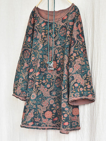 Women Vintage Autumn Flower O-Neck Loose Cotton Shirt AI1006 BUYKUD