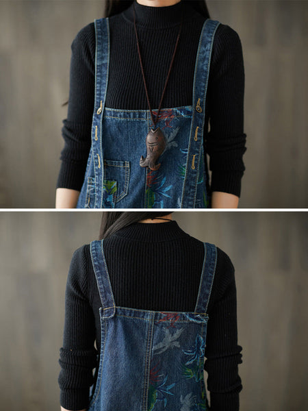 Women Autumn Flower Denim Loose Jumpsuits AI1057 BUYKUD