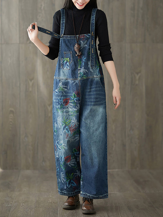 Women Autumn Flower Denim Loose Jumpsuits AI1057 BUYKUD