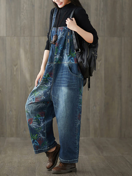 Women Autumn Flower Denim Loose Jumpsuits AI1057 BUYKUD