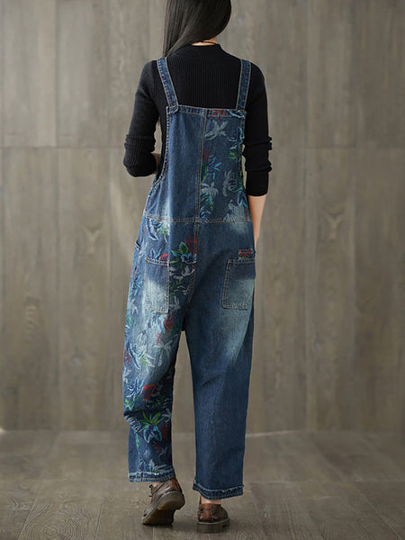 Women Autumn Flower Denim Loose Jumpsuits AI1057 BUYKUD
