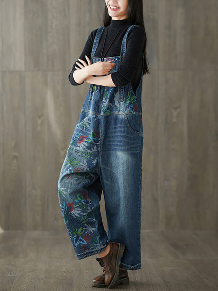 Women Autumn Flower Denim Loose Jumpsuits AI1057 BUYKUD