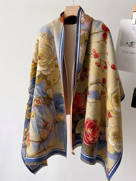 Women Vintage Flower Warm Tassel Cashmere Shawl Scarf AT1092 WYMY