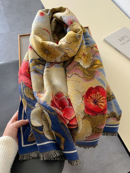Women Vintage Flower Warm Tassel Cashmere Shawl Scarf AT1092 WYMY