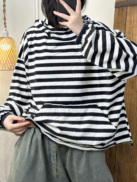Women Autumn Casual Stripe Cotton Half Turtleneck Sweatshirt AI1065 HLCP