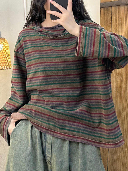 Women Autumn Stripe Colorblock Hooded Cotton Sweatshirt AI1046 ZMMM