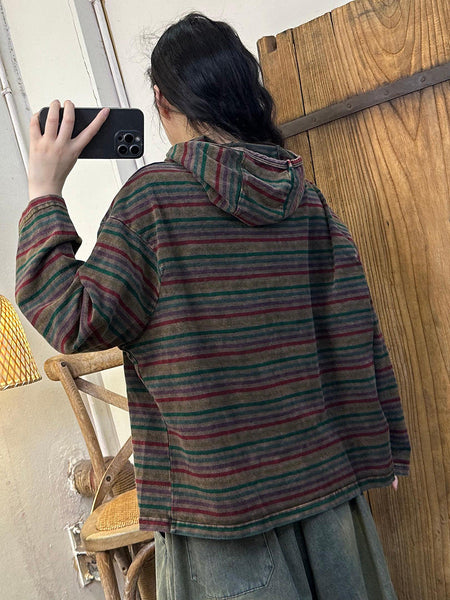 Women Autumn Stripe Colorblock Hooded Cotton Sweatshirt AI1046 ZMMM