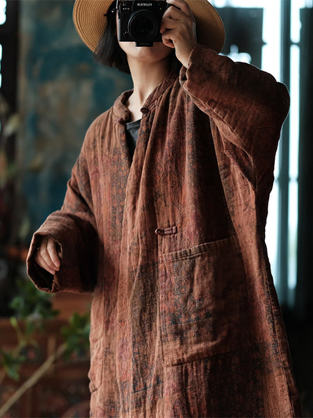 Women Winter Worn Flower Print Button Cotton Coat AT1097 JSHY