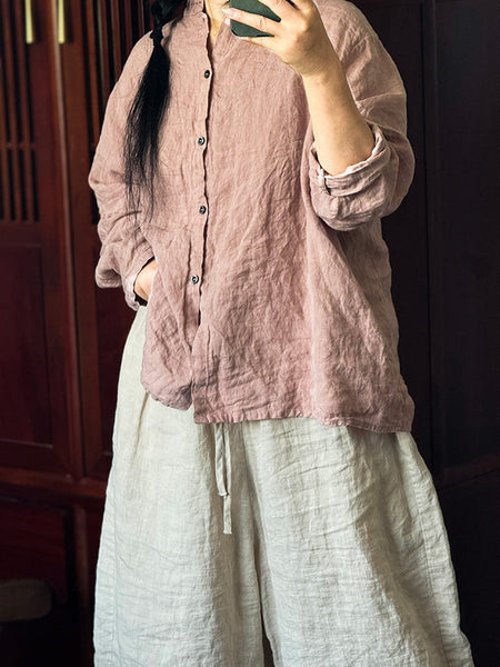 Women Autumn Vintage Button-up Solid Linen Shirt AI1043 QYMM