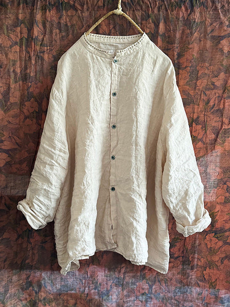 Women Autumn Vintage Button-up Solid Linen Shirt AI1043 QYMM