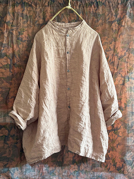 Women Autumn Vintage Button-up Solid Linen Shirt AI1043 QYMM