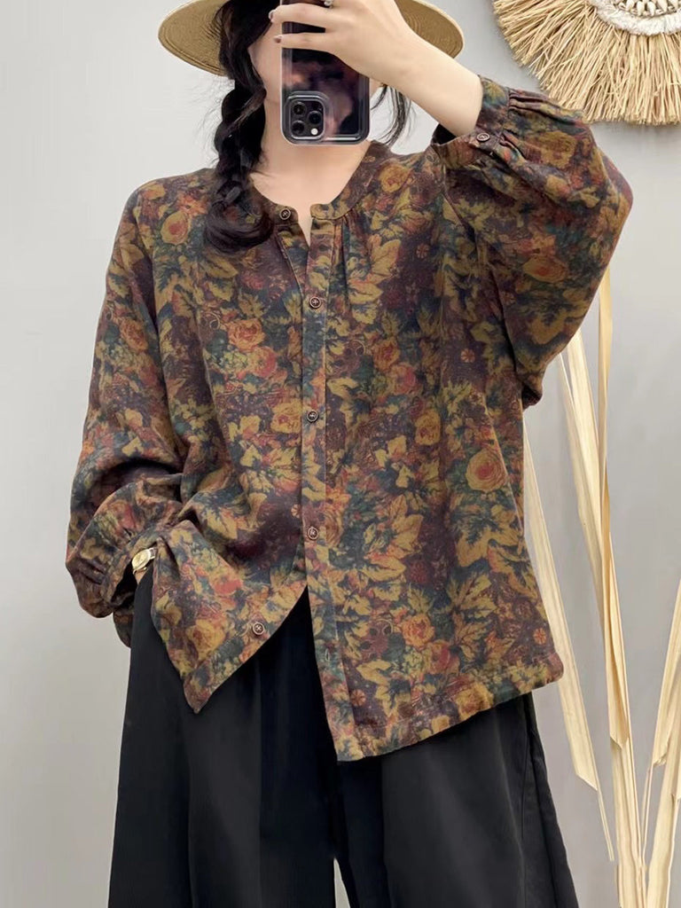 Women Autumn Artsy Flower Button-up O-Neck Cotton Shirt AI1075 BUYKUD