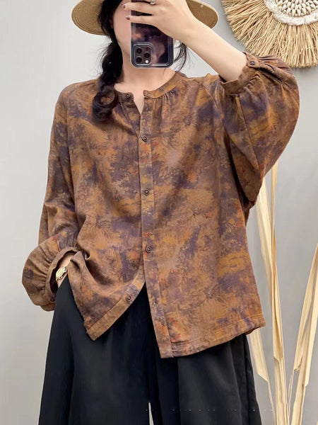 Women Autumn Artsy Flower Button-up O-Neck Cotton Shirt AI1075 BUYKUD