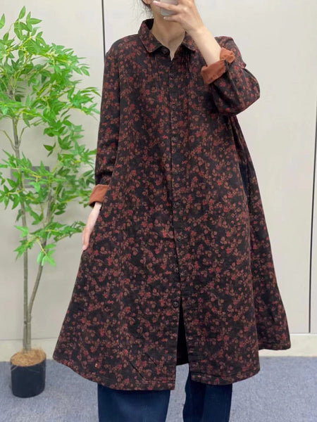 Women Autumn Vintage Flower Button-up Cotton Linen Long Shirt AI1041 BUYKUD