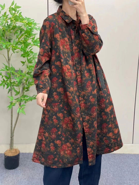 Women Autumn Vintage Flower Button-up Cotton Linen Long Shirt AI1041 BUYKUD