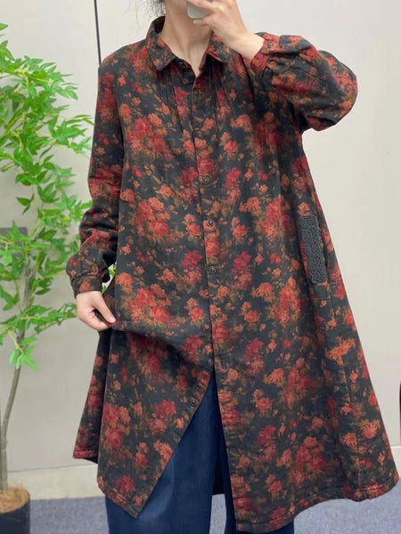 Women Autumn Vintage Flower Button-up Cotton Linen Long Shirt AI1041 BUYKUD