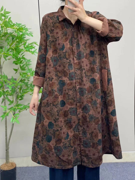 Women Autumn Vintage Flower Button-up Cotton Linen Long Shirt AI1041 BUYKUD