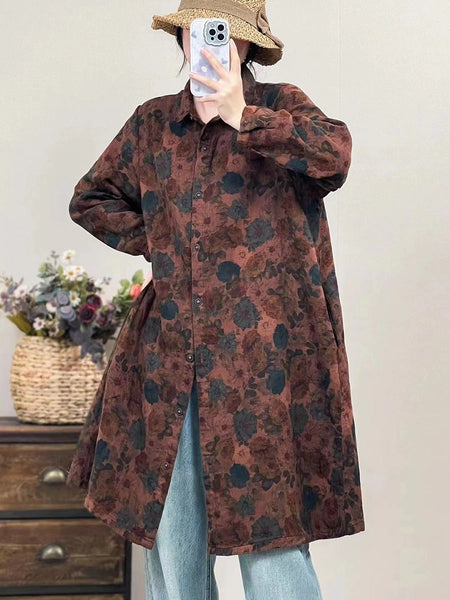 Women Autumn Vintage Flower Button-up Cotton Linen Long Shirt AI1041 BUYKUD