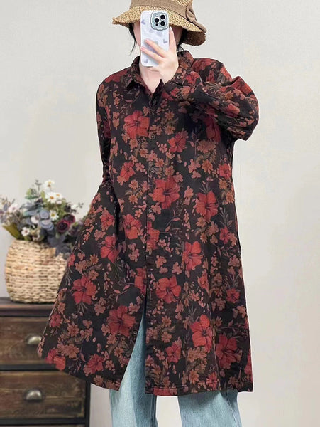 Women Autumn Vintage Flower Button-up Cotton Linen Long Shirt AI1041 BUYKUD