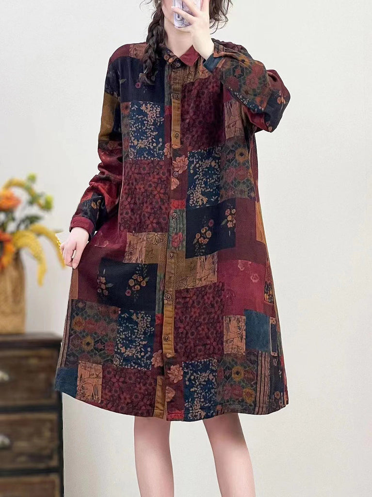 Women Autumn Vintage Flower Button-up Cotton Linen Long Shirt AI1041 BUYKUD