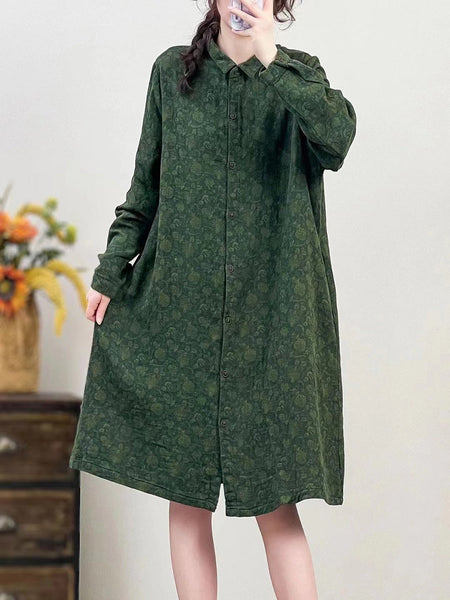 Women Autumn Vintage Flower Button-up Cotton Linen Long Shirt AI1041 BUYKUD