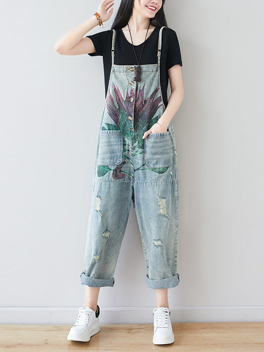 Women Artsy Flower Frayed Denim Pocket Jumpsuits AI1080 BUYKUD