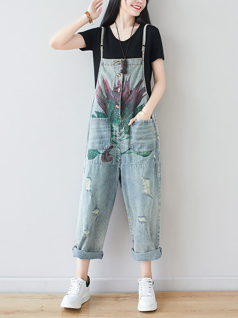 Women Artsy Flower Frayed Denim Pocket Jumpsuits AI1080 BUYKUD