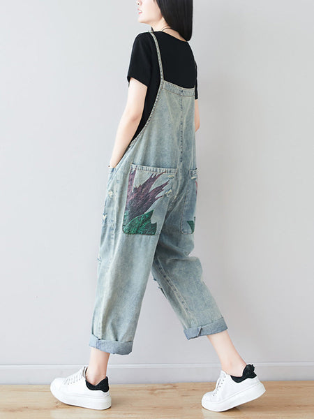 Women Artsy Flower Frayed Denim Pocket Jumpsuits AI1080 BUYKUD