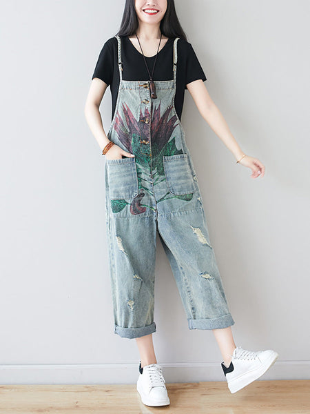 Women Artsy Flower Frayed Denim Pocket Jumpsuits AI1080 BUYKUD