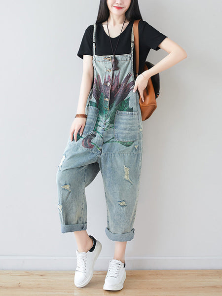 Women Artsy Flower Frayed Denim Pocket Jumpsuits AI1080 BUYKUD