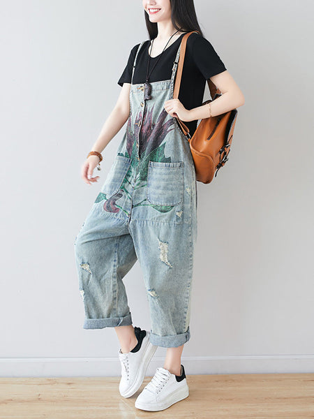 Women Artsy Flower Frayed Denim Pocket Jumpsuits AI1080 BUYKUD