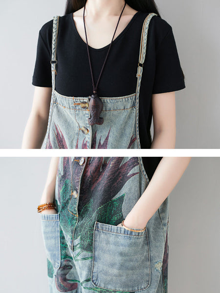 Women Artsy Flower Frayed Denim Pocket Jumpsuits AI1080 BUYKUD