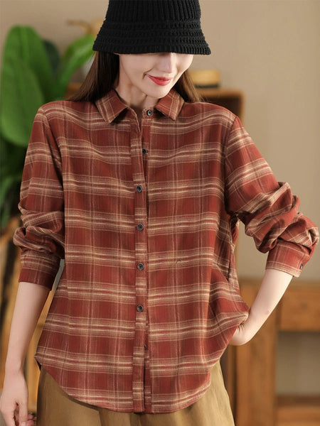 Women Autumn Vintage Plaid Button-up Cotton Blouse AI1031 ZMMM