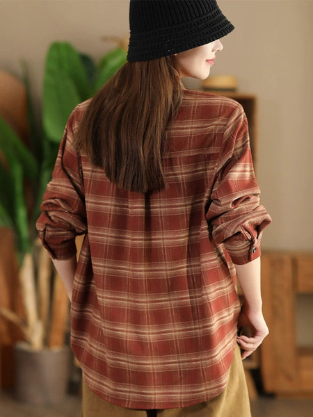Women Autumn Vintage Plaid Button-up Cotton Blouse AI1031 ZMMM