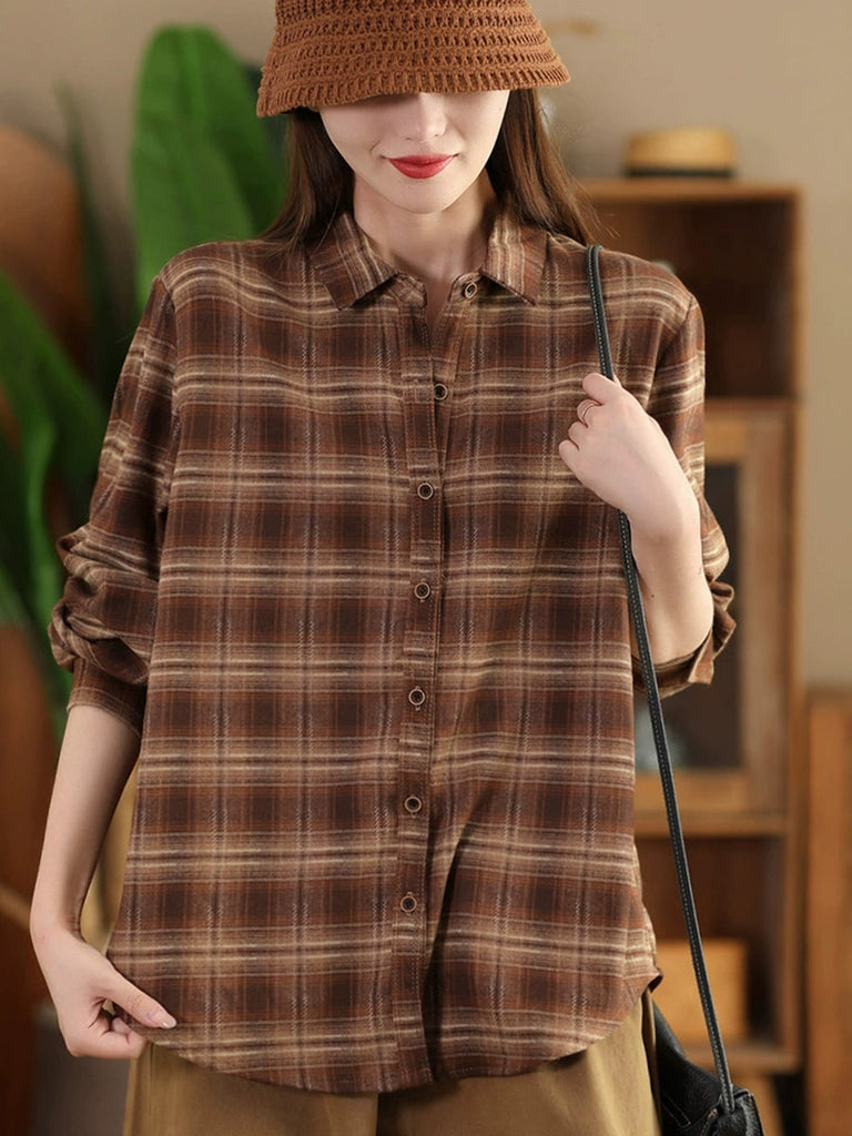 Women Autumn Vintage Plaid Button-up Cotton Blouse AI1031 ZMMM