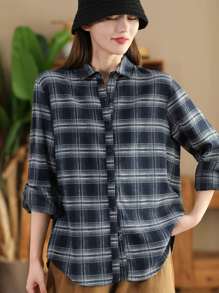 Women Autumn Vintage Plaid Button-up Cotton Blouse AI1031 ZMMM