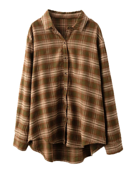 Women Autumn Vintage Plaid Button-up Cotton Blouse AI1031 ZMMM