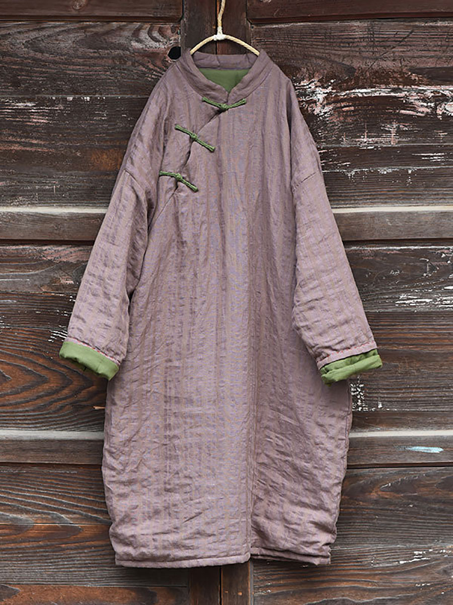 Women Vintage Stripe Warm Button 100%Linen Robe Coat AI1002 QYMM