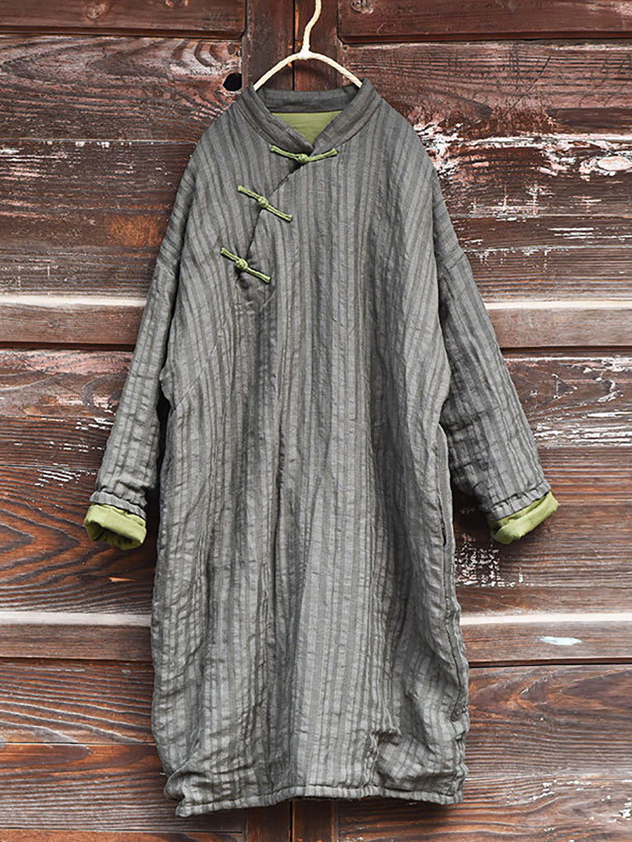 Women Vintage Stripe Warm Button 100%Linen Robe Coat AI1002 QYMM