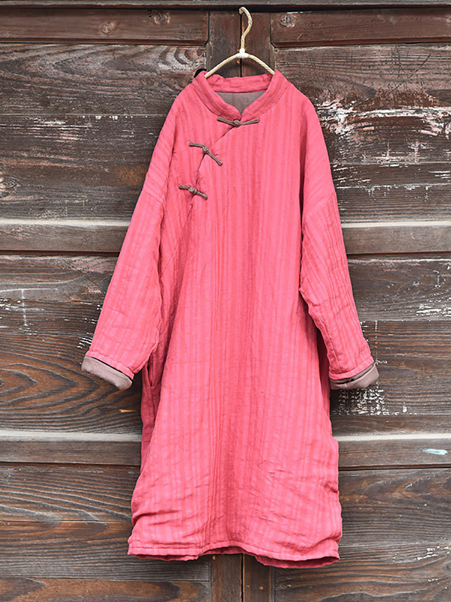 Women Vintage Stripe Warm Button 100%Linen Robe Coat AI1002 QYMM