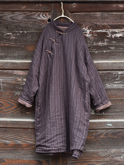 Women Vintage Stripe Warm Button 100%Linen Robe Coat AI1002 QYMM