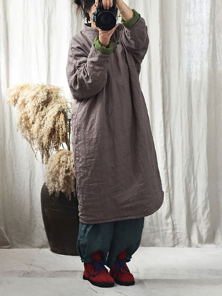 Women Vintage Stripe Warm Button 100%Linen Robe Coat AI1002 QYMM