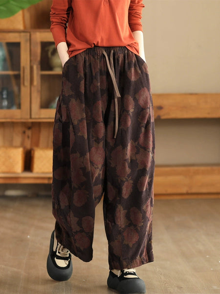 Women Autumn Vintage Flower Strap Corduroy Harem Pants AI1036 ZMMM